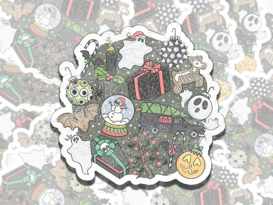 Spooky Christmas Cute Holiday Nostalgic Waterproof Vinyl Sticker, Gift for Friend, Funny Sticker for Kindle Laptop Water Bottle Journal