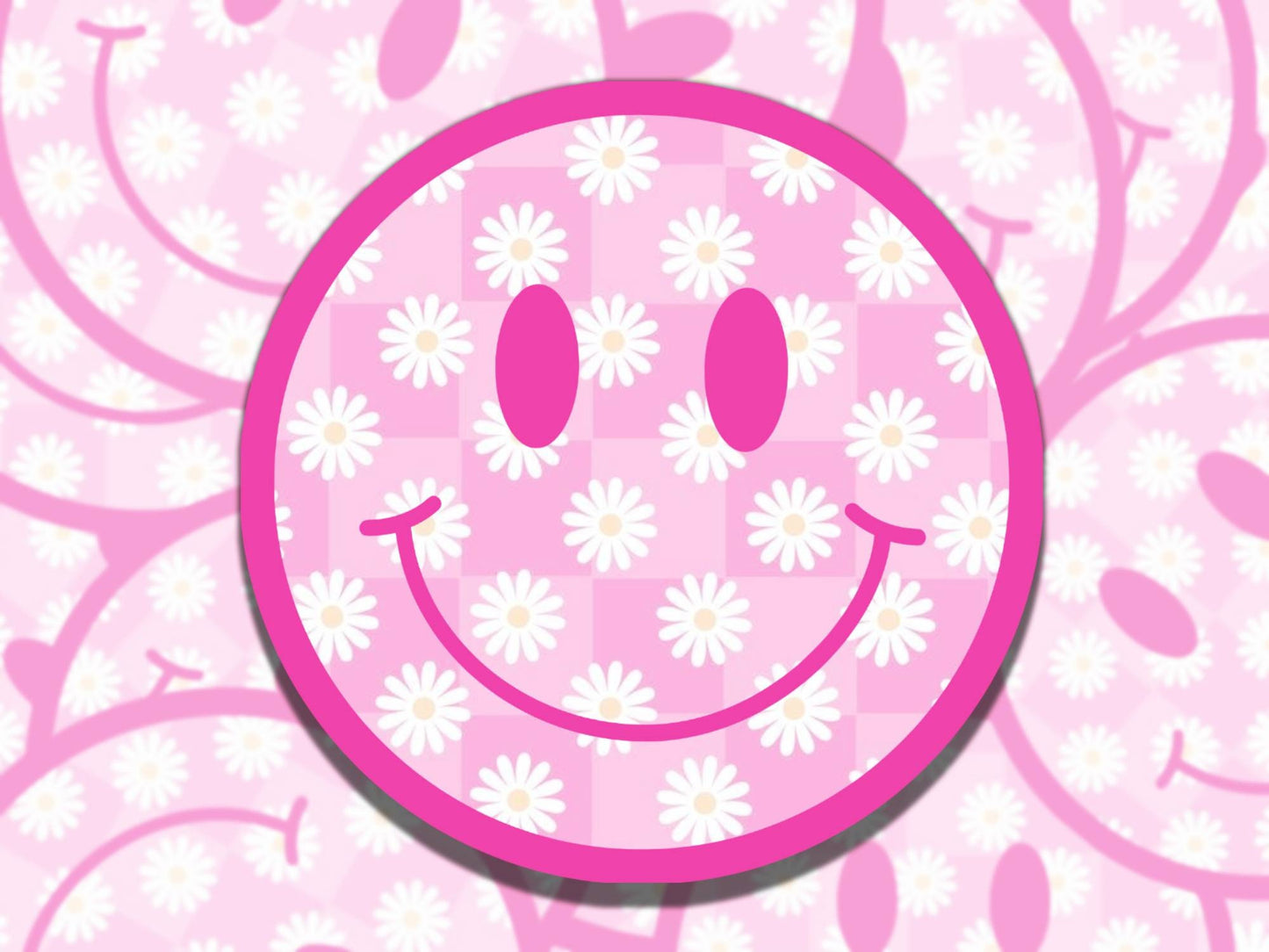Smiley Face with Daisy Cute Pink Ghost Waterproof Vinyl Sticker, Gift for Girl Friend, Funny Sticker for Kindle Laptop Water Bottle Journal