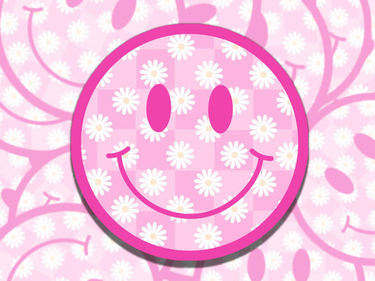 Smiley Face with Daisy Cute Pink Ghost Waterproof Vinyl Sticker, Gift for Girl Friend, Funny Sticker for Kindle Laptop Water Bottle Journal