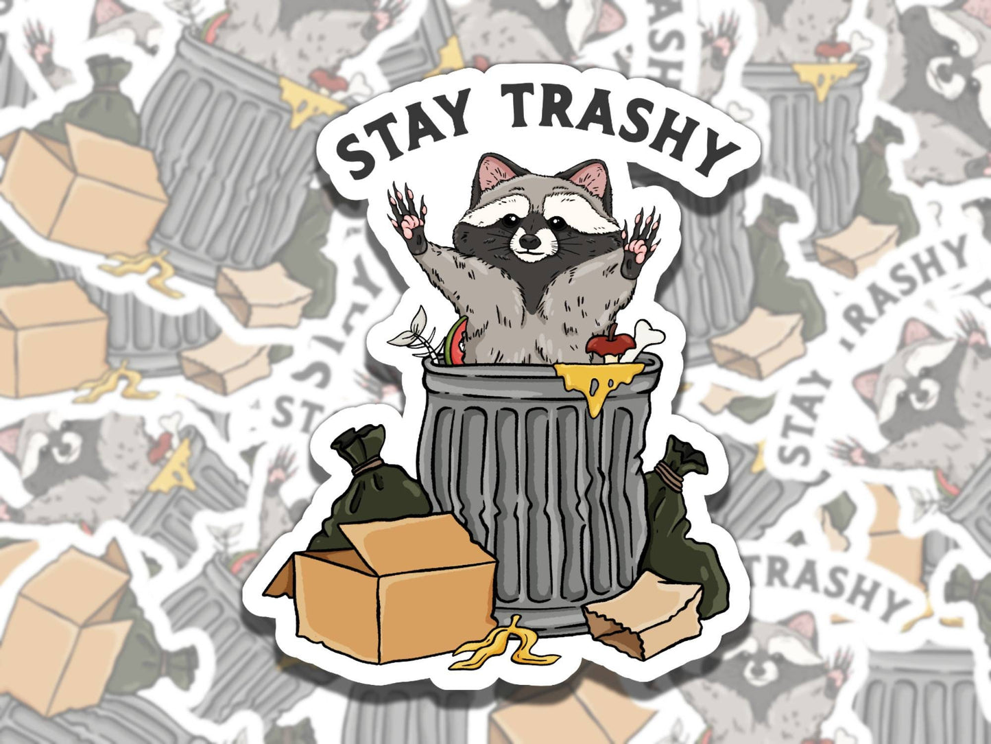 Stay Trashy Cute Raccoon Trash Can Waterproof Vinyl Sticker, Gift for Friend, Funny Sticker for Kindle Laptop Water Bottle Journal