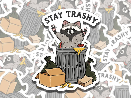 Stay Trashy Cute Raccoon Trash Can Waterproof Vinyl Sticker, Gift for Friend, Funny Sticker for Kindle Laptop Water Bottle Journal