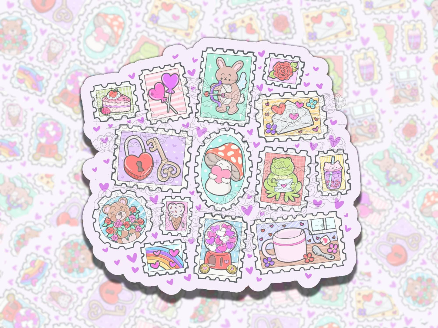 Valentine's Stamps Frog Pink Holiday Waterproof Vinyl Sticker, Gift for Girl Friend, Funny Sticker for Kindle Laptop Water Bottle Journal
