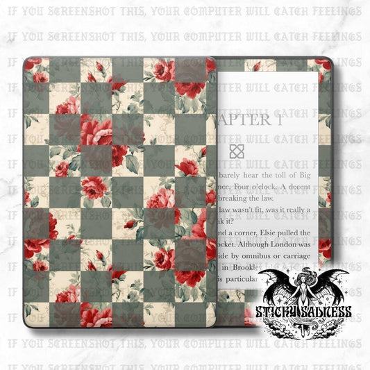 Red Black Floral Checkered Decal Insert Skin, Aesthetic Vinyl Wrap for Kindle Kobo iPad Boox Fire, Gift for Book Lover, BookTok Accessories