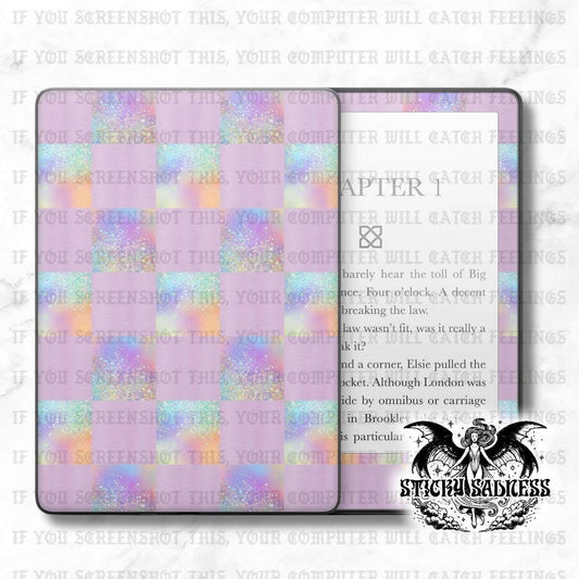 Pastel Glitter Checkered Decal Insert Skin, Aesthetic Vinyl Wrap for Kindle Kobo iPad Boox Fire, Gift for Book Lover, BookTok Accessories