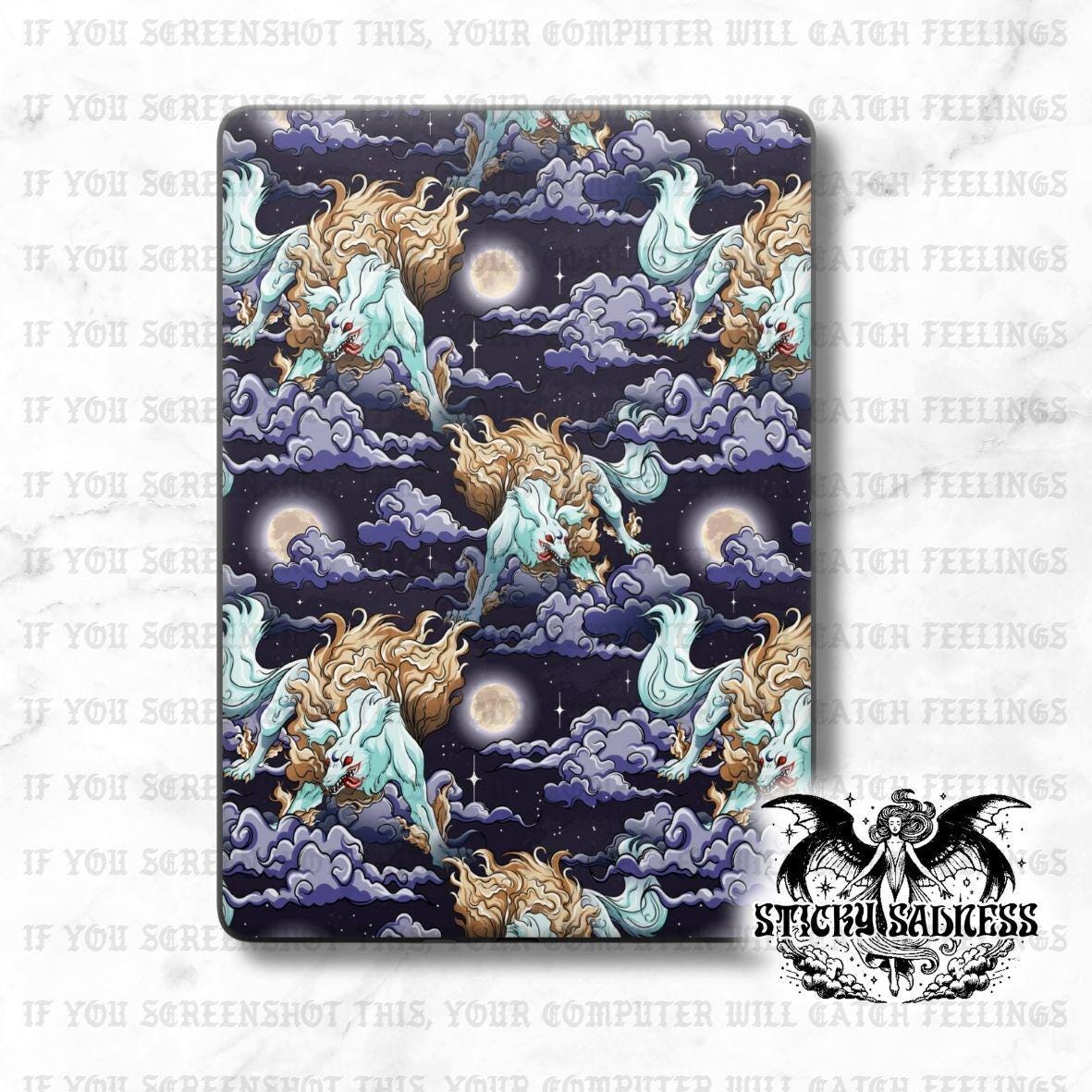 a repeating pattern of stylized, fantastical creatures against a night sky backdrop with clouds and a full moon.