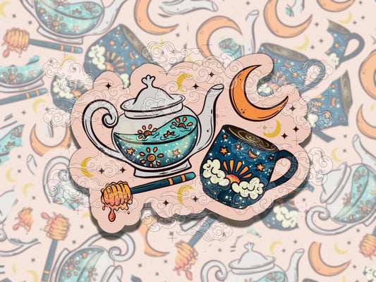 Celestial Tea Cute Witchy Waterproof Vinyl Sticker, Gift for Friend, Funny Sticker for Kindle Laptop Water Bottle Journal