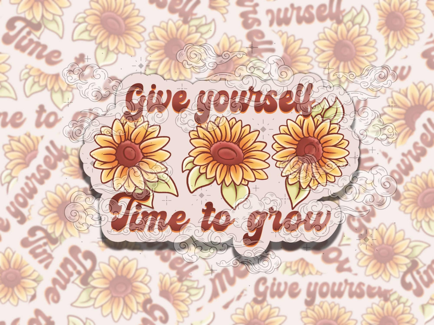 Give Yourself Time Cute Sunflower Waterproof Vinyl Sticker, Gift for Girl Friend, Funny Sticker for Kindle Laptop Water Bottle Journal