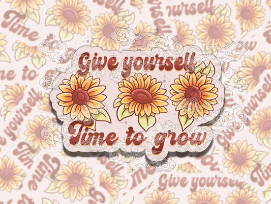Give Yourself Time Cute Sunflower Waterproof Vinyl Sticker, Gift for Girl Friend, Funny Sticker for Kindle Laptop Water Bottle Journal