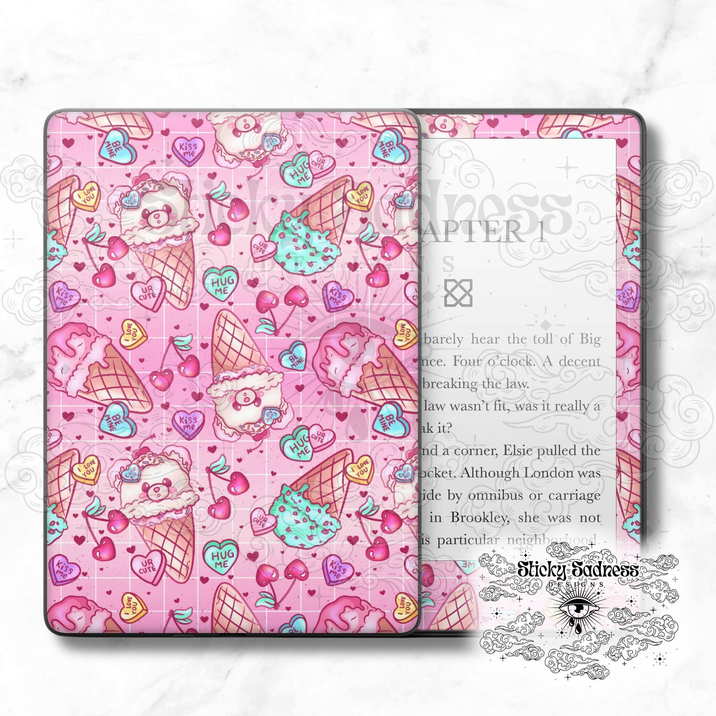 Ice Cream Valentine Holiday Insert Skin, Cute Vinyl Wrap for Kindle Kobo iPad Boox Fire, Gift for Valentine Book Lover, BookTok Accessories