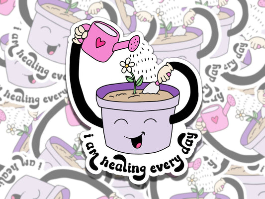 I am Healing Every Day Cute Potted Plant Mental Health Affirmation Sticker, Gift for Friend,  Fun Sticker for Kindle Laptop Water Bottle