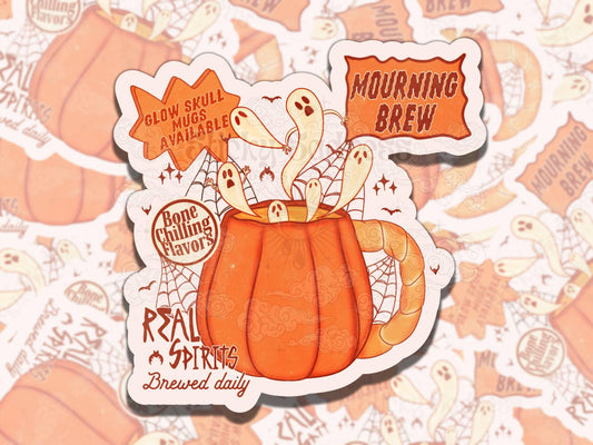 Mourning Brew Halloween Spooky Waterproof Vinyl Sticker, Gift for Friend, Funny Sticker for Kindle Laptop Water Bottle Journal