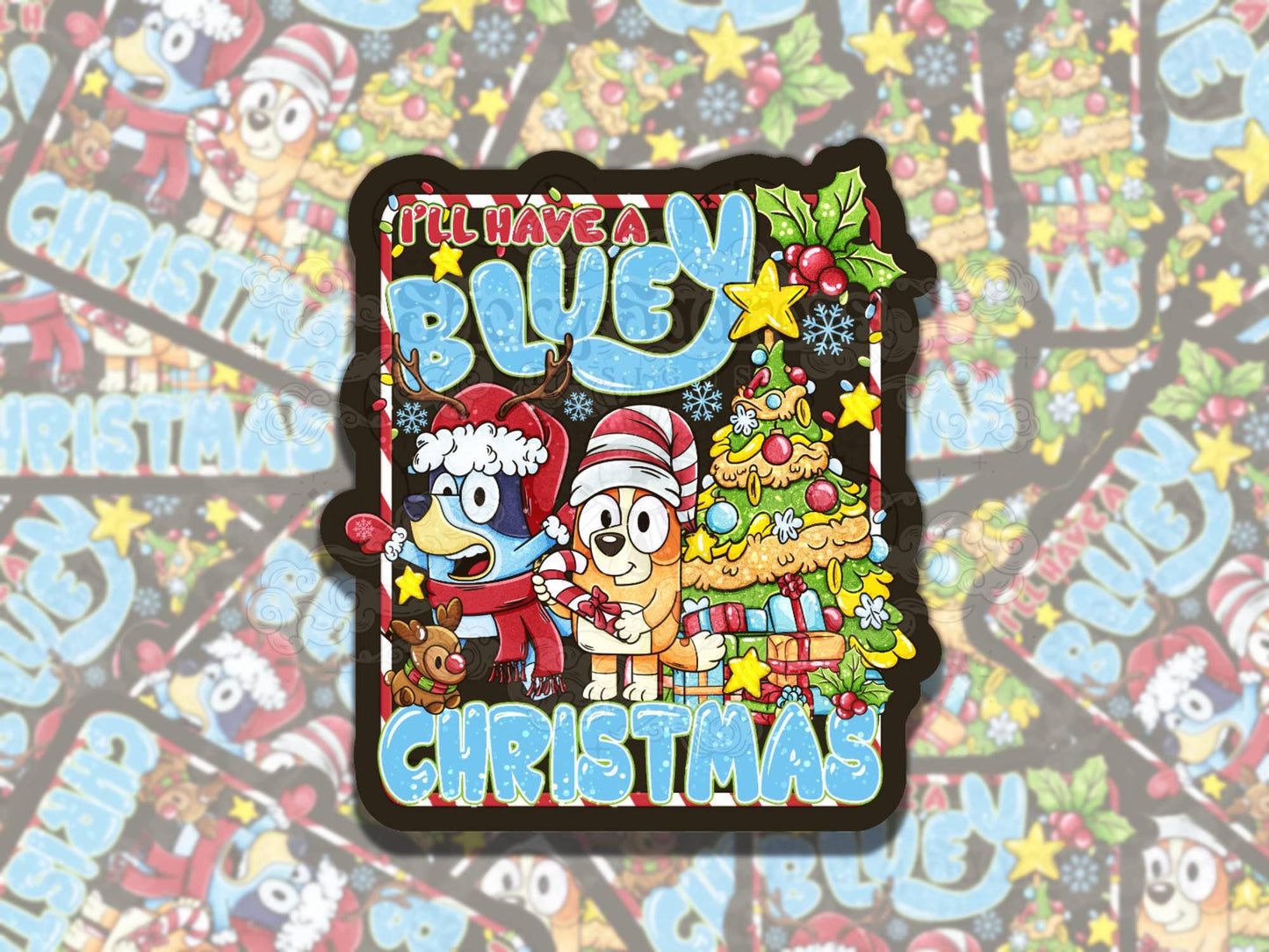 Blue Dog Orange Dog Christmas Waterproof Vinyl Sticker, Gift for Friend, Funny Sticker for Kindle Laptop Water Bottle Journal