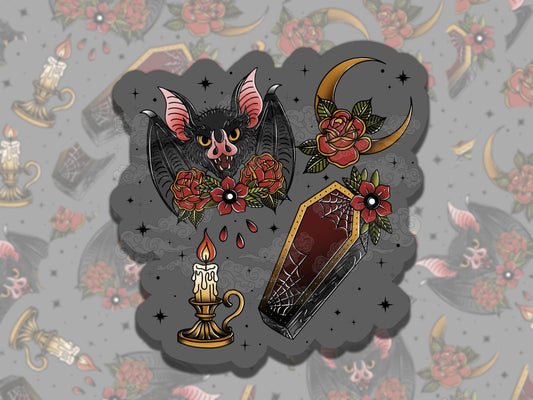 Traditional Bat Gothic Waterproof Vinyl Sticker, Gift for Friend, Funny Sticker for Kindle Laptop Water Bottle Journal, Fantasy Art