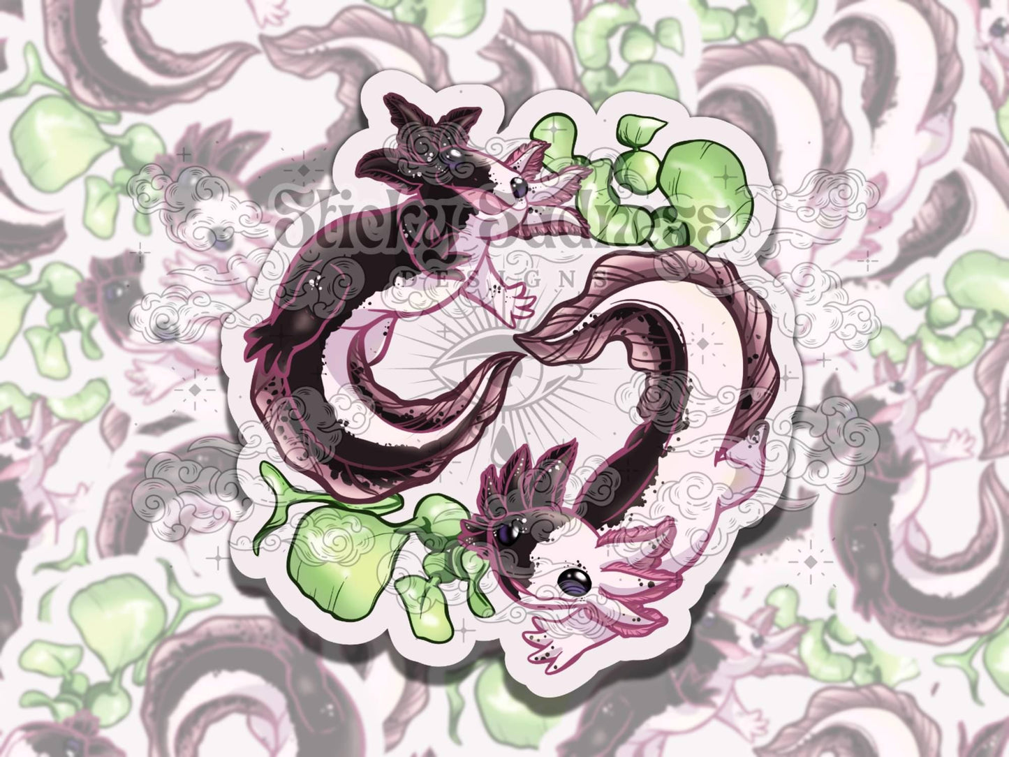 Light and Dark Axolotl Waterproof Vinyl Sticker, Gift for Friend, Funny Sticker for Kindle Laptop Water Bottle Journal, Fantasy Art