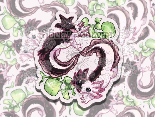 Light and Dark Axolotl Waterproof Vinyl Sticker, Gift for Friend, Funny Sticker for Kindle Laptop Water Bottle Journal, Fantasy Art