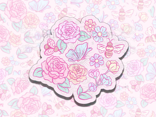 Buggy Floral Pink Fun Cute Girly Waterproof Vinyl Sticker, Gift for Girl Friend, Funny Sticker for Kindle Laptop Water Bottle Journal