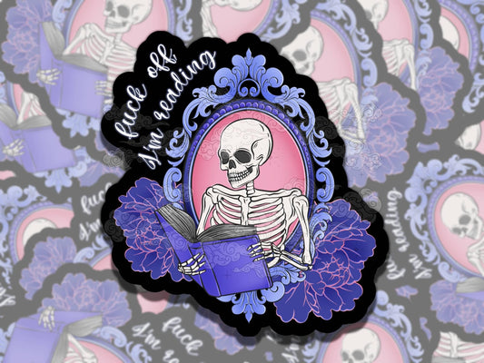 Fck Off I'm Reading Bookish Skeleton, Reading Vinyl Sticker, Smutty Waterproof eReader, Kindle, Cute Funny Gift for Bookworm, Bookish Gift