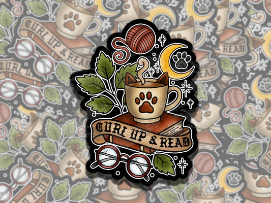 Curl Up and Read Bookish Cats Pets Waterproof Vinyl Sticker, Girly Gift for Friend, Funny Sticker for Kindle Laptop Water Bottle Journal