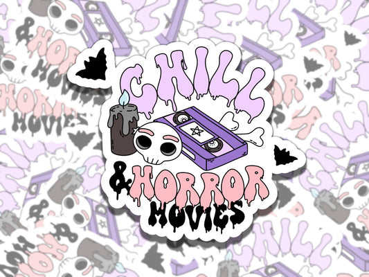 Chill and Horror Movies Cute Spooky Waterproof Vinyl Sticker, Gift for Friend, Funny Sticker for Kindle Laptop Water Bottle Journal