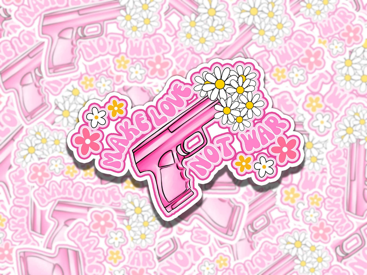 Make Love Not War Floral Gun Pink Girly Waterproof Vinyl Sticker, Gift for Girl Friend, Funny Sticker for Kindle Laptop Water Bottle Journal