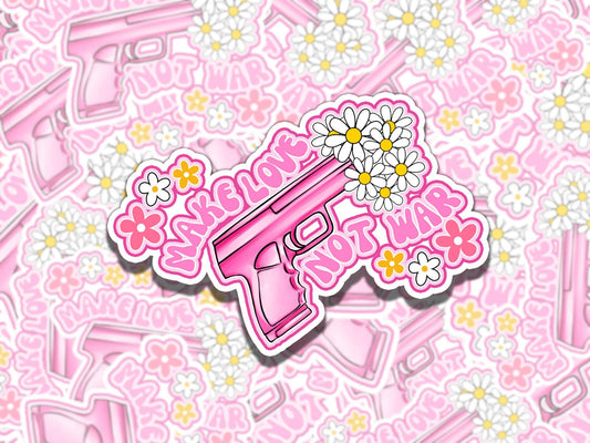 Make Love Not War Floral Gun Pink Girly Waterproof Vinyl Sticker, Gift for Girl Friend, Funny Sticker for Kindle Laptop Water Bottle Journal