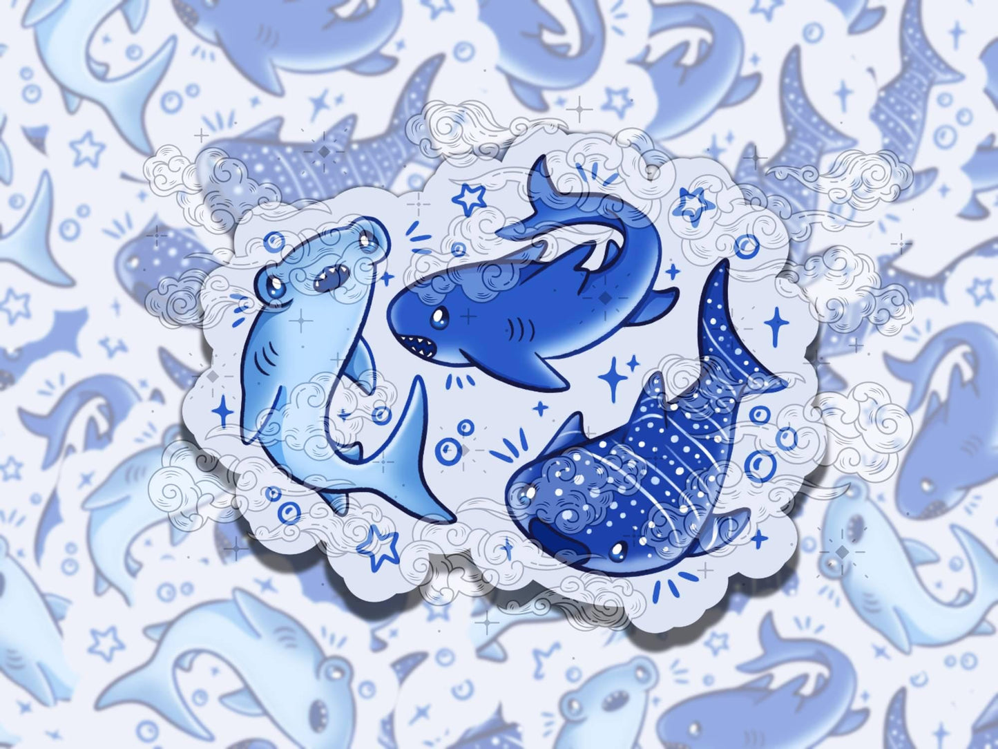 Cute Shark Trio Fun Summer Waterproof Vinyl Sticker, Gift for Girl Friend, Funny Sticker for Kindle Laptop Water Bottle Journal