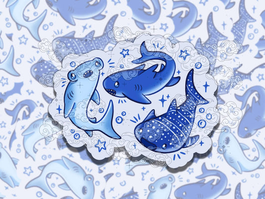 Cute Shark Trio Fun Summer Waterproof Vinyl Sticker, Gift for Girl Friend, Funny Sticker for Kindle Laptop Water Bottle Journal