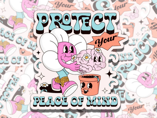 Protect Your Peace of Mind Retro Cartoon Mental Health Affirmation Sticker, Gift for Friend,  Sticker for Kindle Laptop Water Bottle