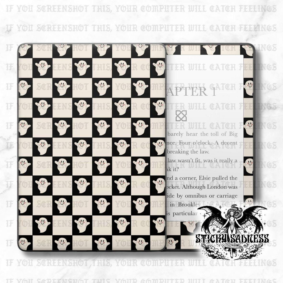 Spooky Ghost Checkered Decal Insert Skin, Aesthetic Vinyl Wrap for Kindle Kobo iPad Boox Fire, Gift for Book Lover, BookTok Accessories