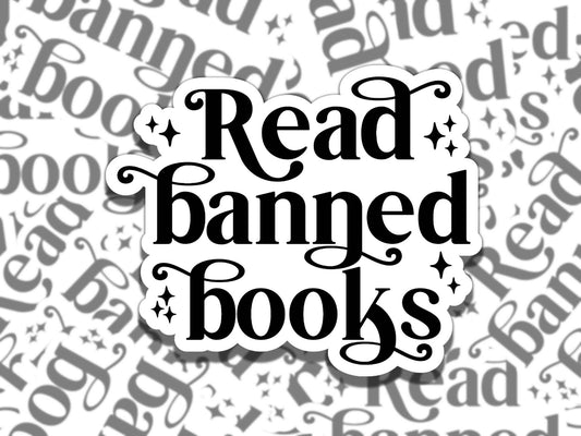 Read Banned Books Black & White Sticker, Reading Vinyl Sticker, Smutty Waterproof eReader, Kindle, Cute Funny Gift for Bookworm, Bookish Gif