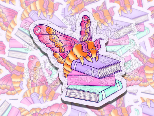 Moth Library Cute Bookish Waterproof Vinyl Sticker, Gift for Girl Friend, Funny Sticker for Kindle Laptop Water Bottle Journal