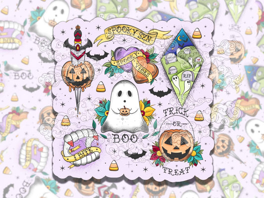 Spooky Season Tattoo Cute Waterproof Vinyl Sticker, Gift for Girl Friend, Funny Sticker for Kindle Laptop Water Bottle Journal