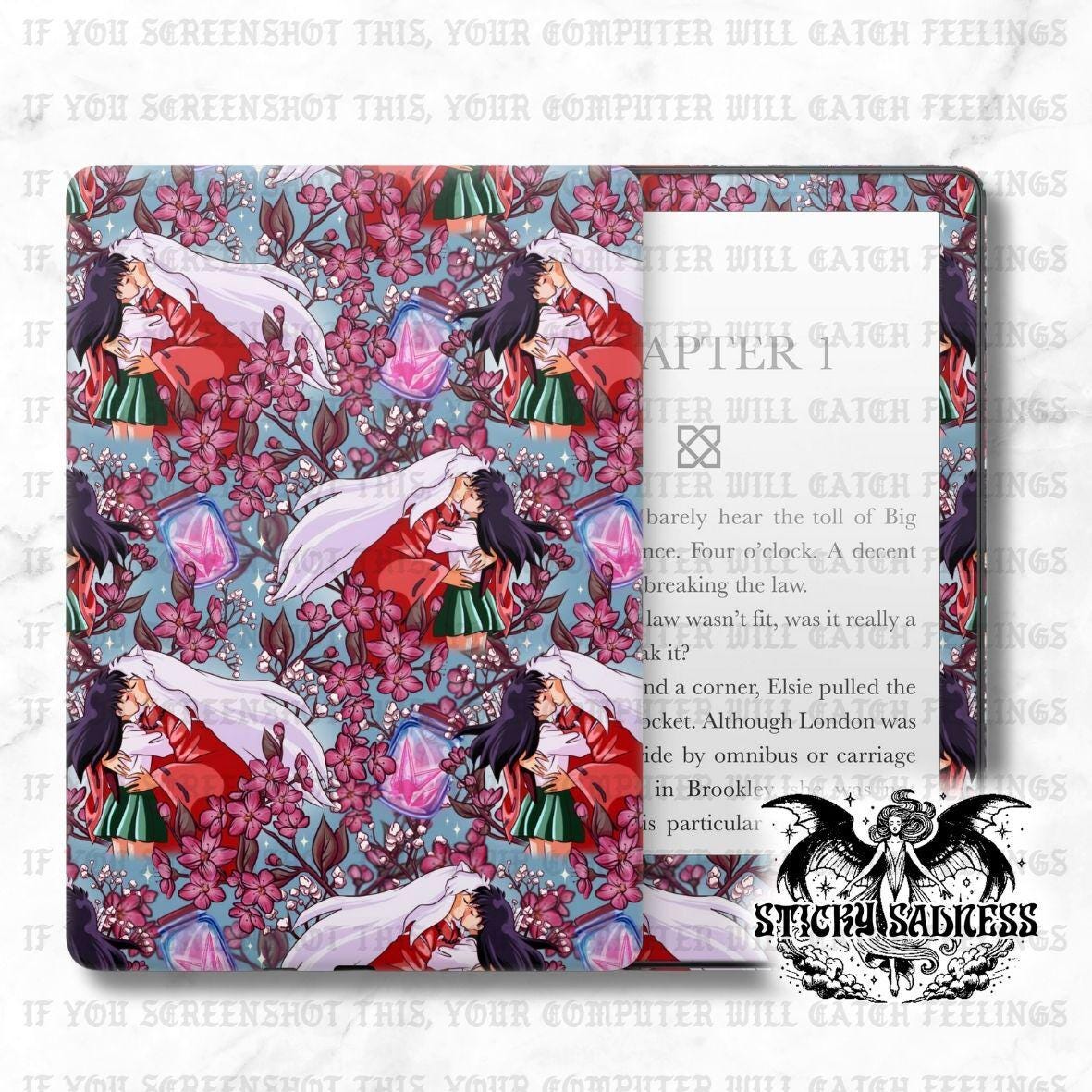 The image is a book cover with a floral pattern and illustrations of characters from a story. The cover has a text overlay that provides information about the story, but it is too small to read the entire text. The text overlay is located in the upper right corner of the cover.