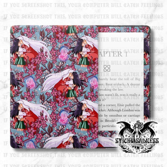 The image is a book cover with a floral pattern and illustrations of characters from a story. The cover has a text overlay that provides information about the story, but it is too small to read the entire text. The text overlay is located in the upper right corner of the cover.