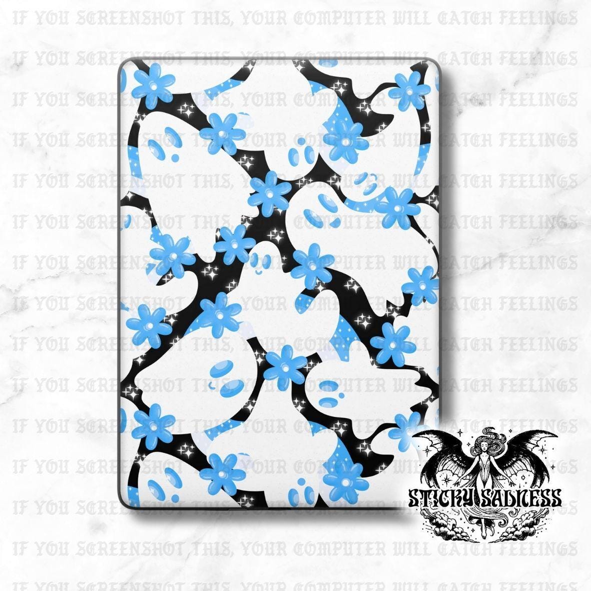 Blue Floral Ghosts Spooky Halloween Decal Insert Skin, Vinyl Wrap for Kindle Kobo iPad Boox Fire, Gift for Book Lover, BookTok Accessories