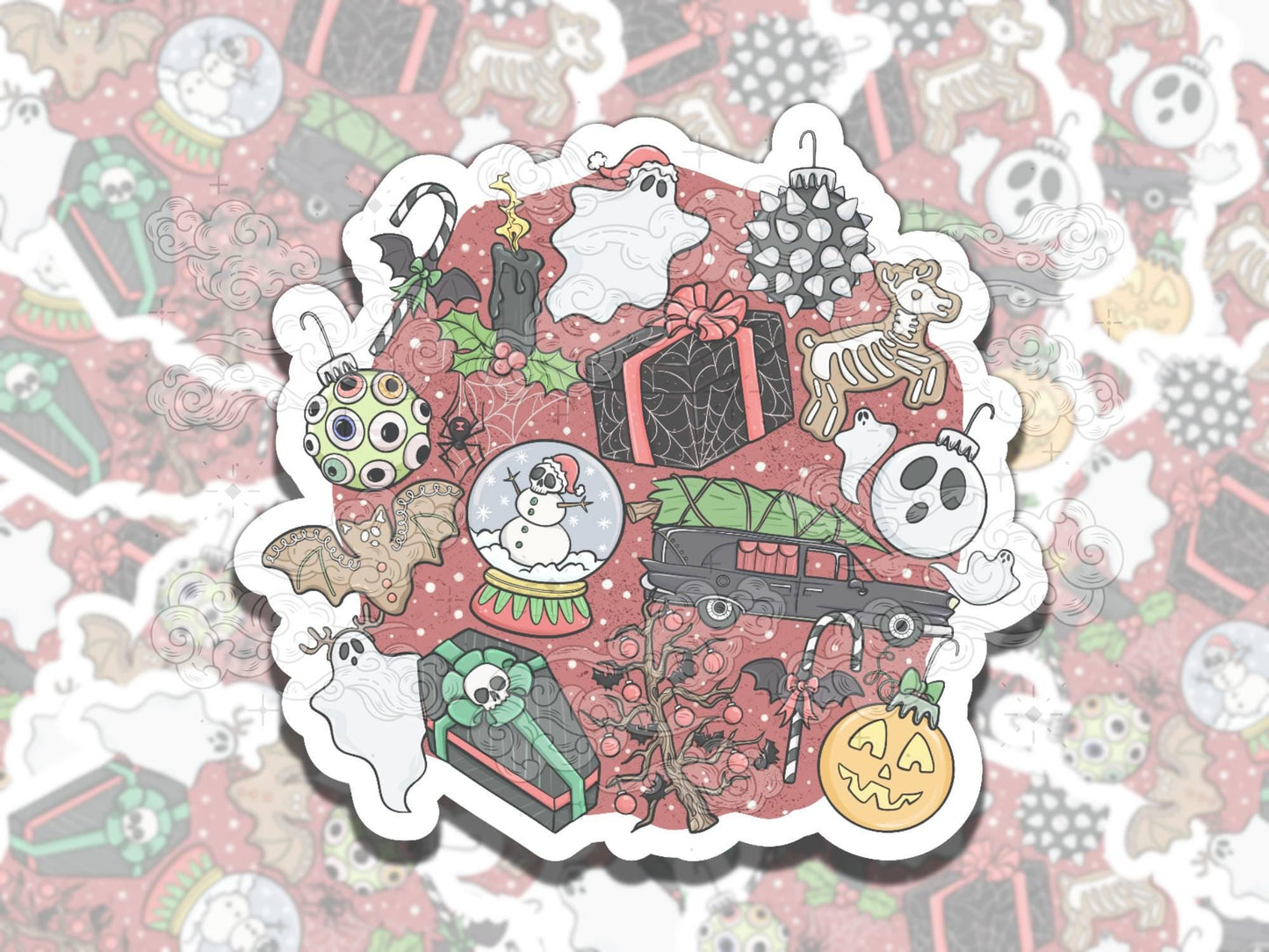 Spooky Christmas Cute Holiday Nostalgic Waterproof Vinyl Sticker, Gift for Friend, Funny Sticker for Kindle Laptop Water Bottle Journal