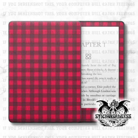 Dark Red Gingham Checker Decal Insert Skin, Aesthetic Cute Vinyl Wrap for Kindle Kobo iPad Boox Fire, Gift for Book Lover, BookTok Accessory