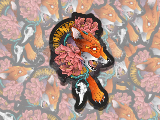 Neotraditional Fox Tattoo Waterproof Vinyl Sticker, Girly Gift for Friend, Funny Sticker for Kindle Laptop Water Bottle Journal