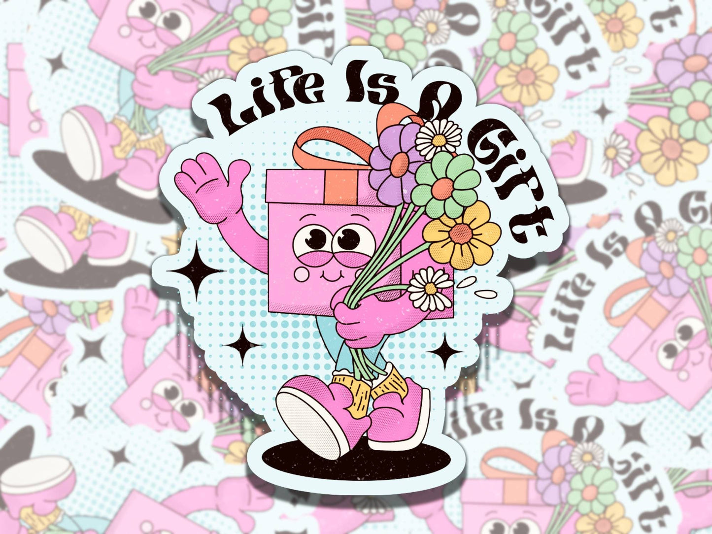 Life is a Gift Cute Retro Cartoon Mental Health Affirmation Sticker, Gift for Friend,  Sticker for Kindle Laptop Water Bottle