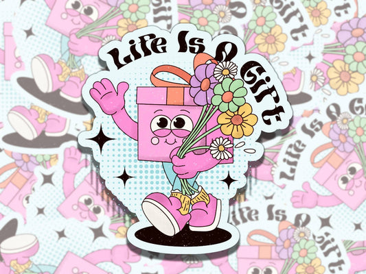 Life is a Gift Cute Retro Cartoon Mental Health Affirmation Sticker, Gift for Friend,  Sticker for Kindle Laptop Water Bottle