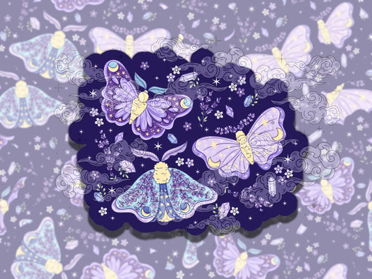 Lavender Moths Cute Witchy Waterproof Vinyl Sticker, Gift for Girl Friend, Funny Sticker for Kindle Laptop Water Bottle Journal