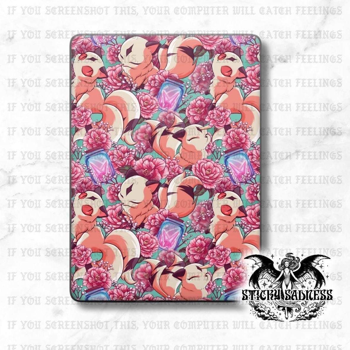 a vibrant and colorful pattern of cartoon-style animals, including cats and dogs, surrounded by pink and purple flowers. The pattern is repeated across the image, creating a visually striking and whimsical design.