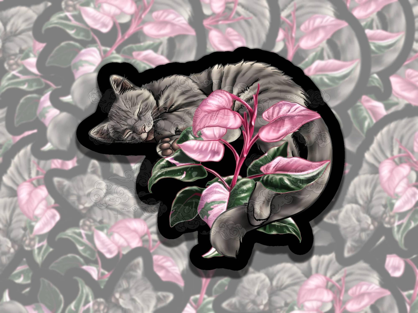 Floral Cats Cat Waterproof Vinyl Sticker, Girly Gift for Coffee Lover, Funny Sticker for Kindle Laptop Water Bottle Journal
