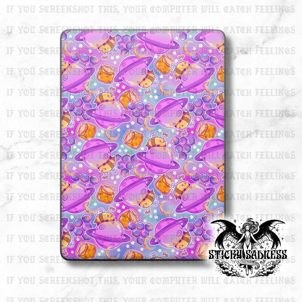 a vibrant and whimsical pattern of purple planets and yellow flowers, creating a visually striking and playful design.