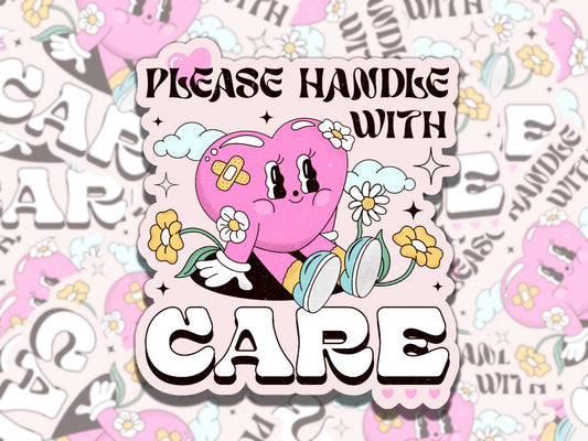 Please Handle with Care Cute Color Retro Cartoon Mental Health Affirmation Sticker, Gift for Friend,  Sticker for Kindle Laptop Water Bottle