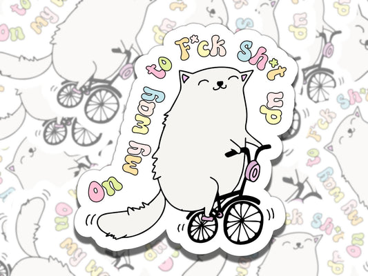 On My Way to F*ck Sh*t Up Sticker, Cute Driving Cat Vinyl Sticker, Gift for Friend, Funny Sticker for Kindle Laptop Water Bottle Journal