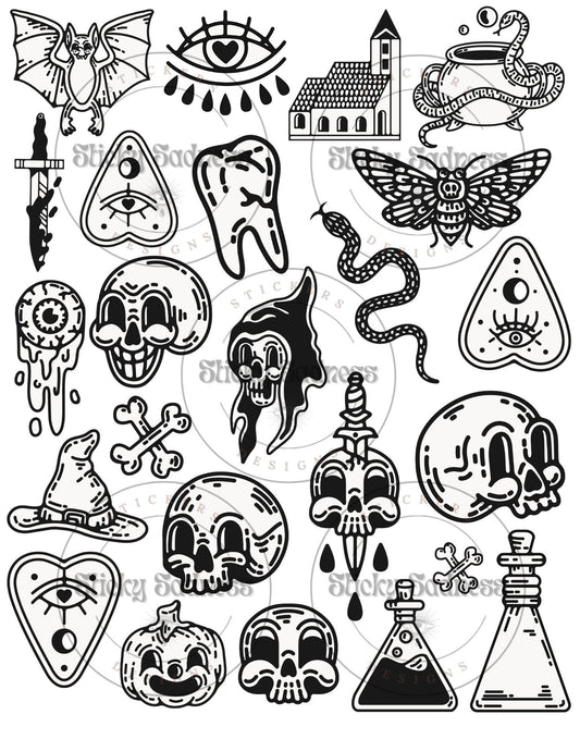 Halloween Temporary Tattoos, Gift for Halloween Lover, tattoo sheet with bats skeletons witch bones, creepy illustrations, spooky season