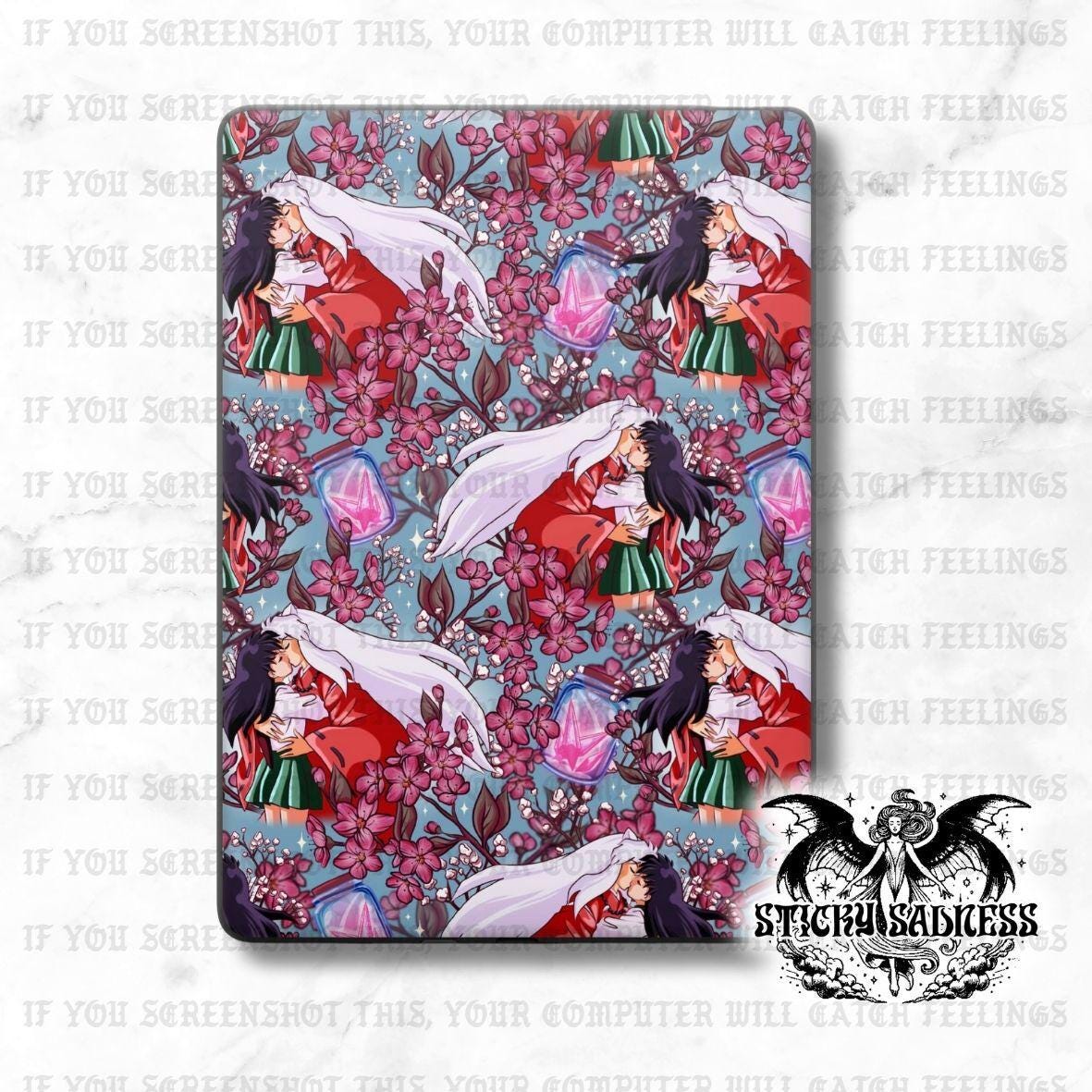 a repeating pattern of two anime-style characters, one in a red outfit and the other in a white outfit, surrounded by pink flowers and leaves. The pattern is displayed on a surface with a white background, and there is a watermark at the bottom that reads &quot;Sticky sadless&quot;.