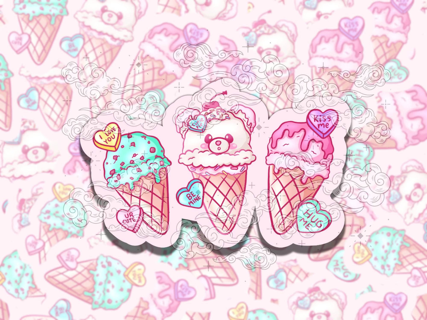 Ice Cream Valentine's Cute Waterproof Vinyl Sticker, Gift for Girl Friend, Funny Sticker for Kindle Laptop Water Bottle Journal