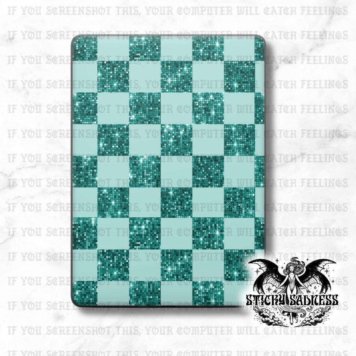 Green Glitter Checkered Decal Insert Skin, Aesthetic Vinyl Wrap for Kindle Kobo iPad Boox Fire, Gift for Book Lover, BookTok Accessories